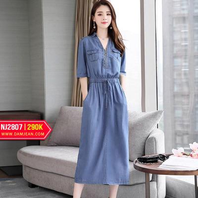 ĐẦM JEAN DENIM XÒE DÁNG DÀI CỔ SƠ MI EO THUN - N27